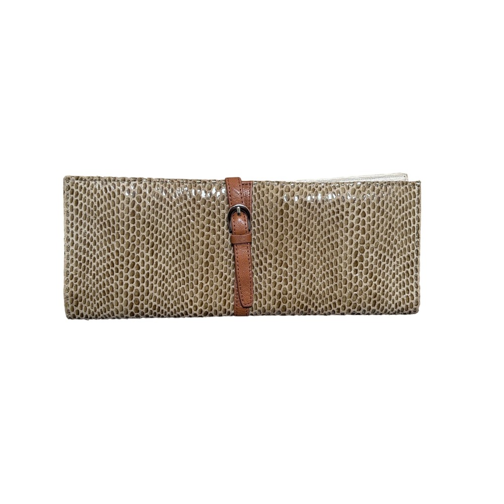 Sorial Brown Snakeskin Leather Accent Strap Zip Pocket Slim Clutch Wallet Womens
